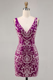 Sparkly Fuchsia V-Neck Tight Short Homecoming Dress with Beading