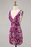 Sparkly Fuchsia V-Neck Tight Short Homecoming Dress with Beading