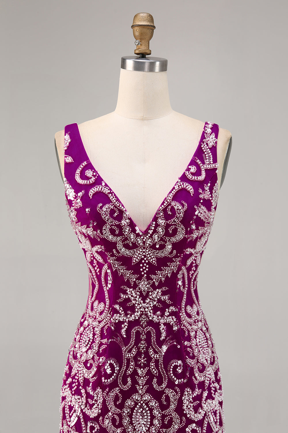 Sparkly Fuchsia V-Neck Tight Short Homecoming Dress with Beading