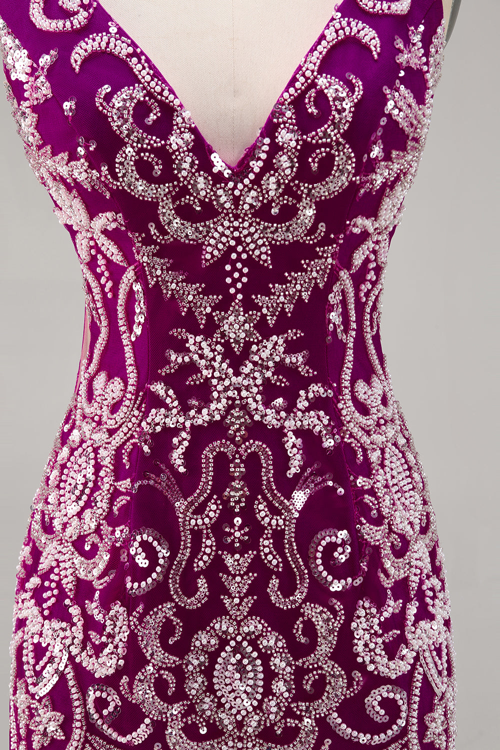 Sparkly Fuchsia V-Neck Tight Short Homecoming Dress with Beading