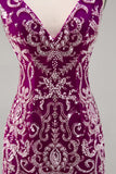 Sparkly Fuchsia V-Neck Tight Short Homecoming Dress with Beading