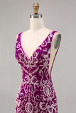Sparkly Fuchsia V-Neck Tight Short Homecoming Dress with Beading