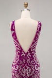 Sparkly Fuchsia V-Neck Tight Short Homecoming Dress with Beading