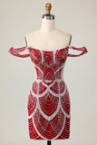 Sparkly Red Off the Shoulder Tight Short Homecoming Dress with Beading