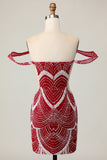 Sparkly Red Off the Shoulder Tight Short Homecoming Dress with Beading