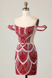 Sparkly Red Off the Shoulder Tight Short Homecoming Dress with Beading