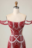 Sparkly Red Off the Shoulder Tight Short Homecoming Dress with Beading