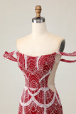 Sparkly Red Off the Shoulder Tight Short Homecoming Dress with Beading