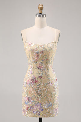 Apricot Floral Spaghetti Straps Tight Short Homecoming Dress