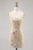 Apricot Floral Spaghetti Straps Tight Short Homecoming Dress