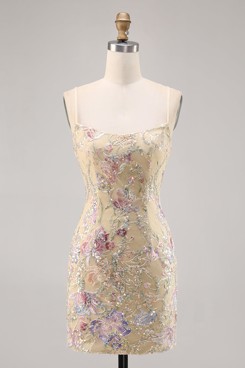Apricot Floral Tight Spaghetti Straps Short Homecoming Dress