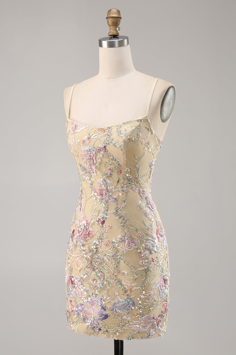 Apricot Floral Spaghetti Straps Tight Short Homecoming Dress