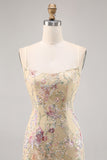 Apricot Floral Spaghetti Straps Tight Short Homecoming Dress