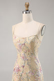 Apricot Floral Spaghetti Straps Tight Short Homecoming Dress
