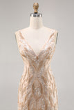 Sparkly Champagne V-Neck Short Sequin Tight Homecoming Dress
