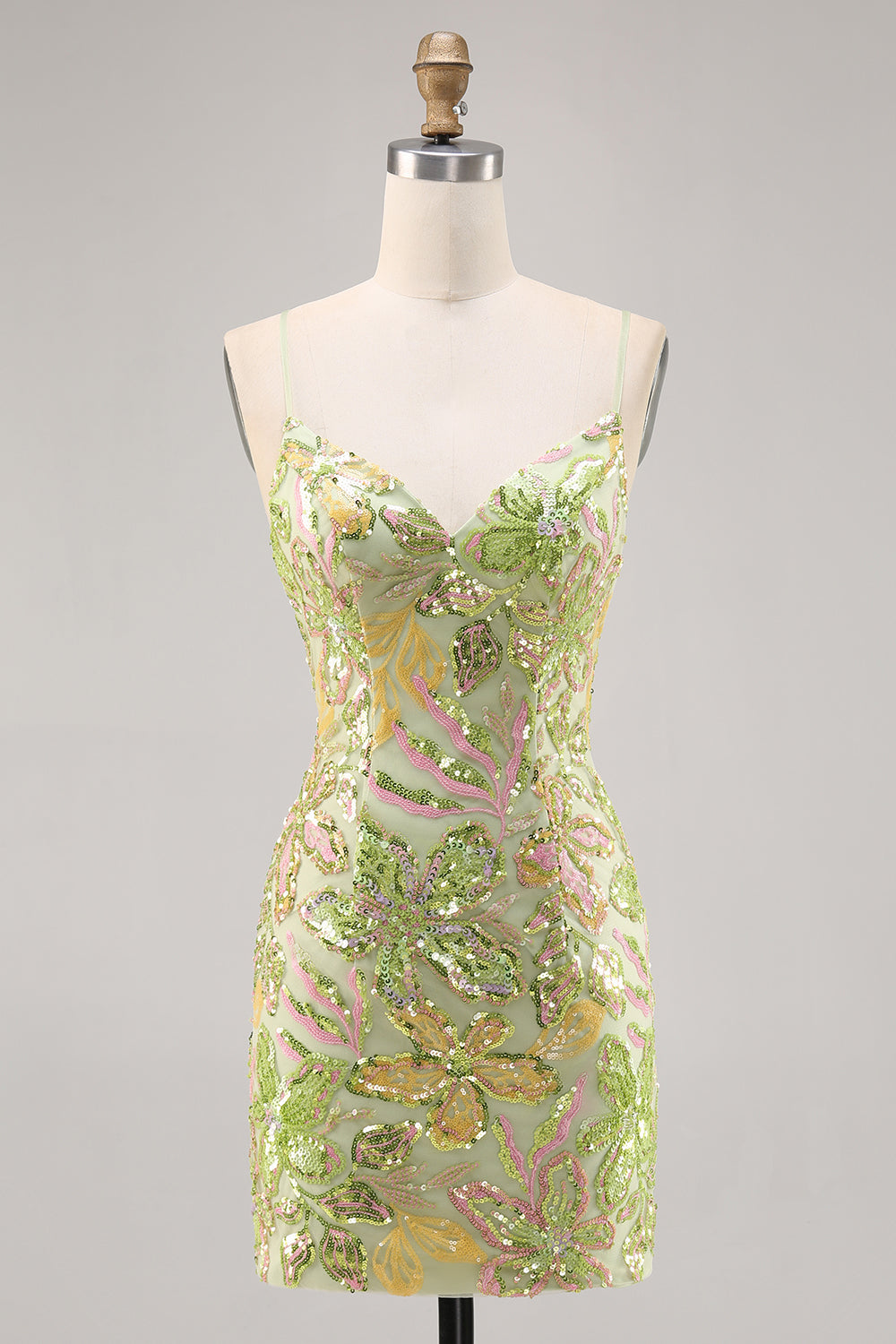 Sparkly Green Spaghetti Straps Short Sequin Floral Tight Homecoming Dress