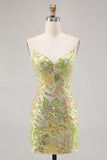 Sparkly Green Spaghetti Straps Short Sequin Floral Tight Homecoming Dress