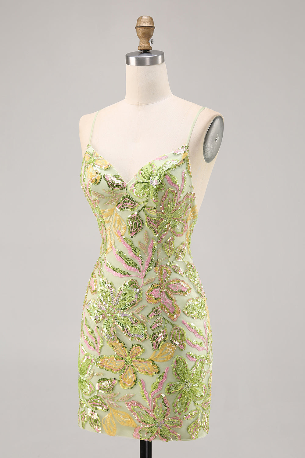 Sparkly Green Spaghetti Straps Short Sequin Floral Tight Homecoming Dress