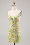 Sparkly Green Spaghetti Straps Short Sequin Floral Tight Homecoming Dress