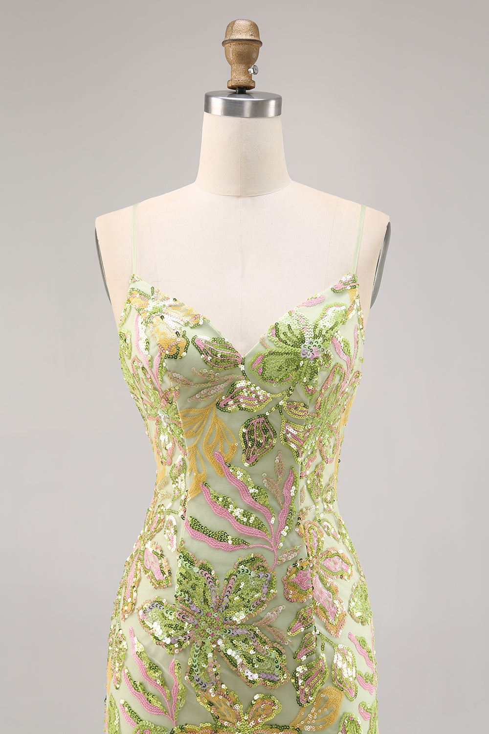 Sparkly Green Spaghetti Straps Short Sequin Floral Tight Homecoming Dress