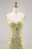 Sparkly Green Spaghetti Straps Short Sequin Floral Tight Homecoming Dress