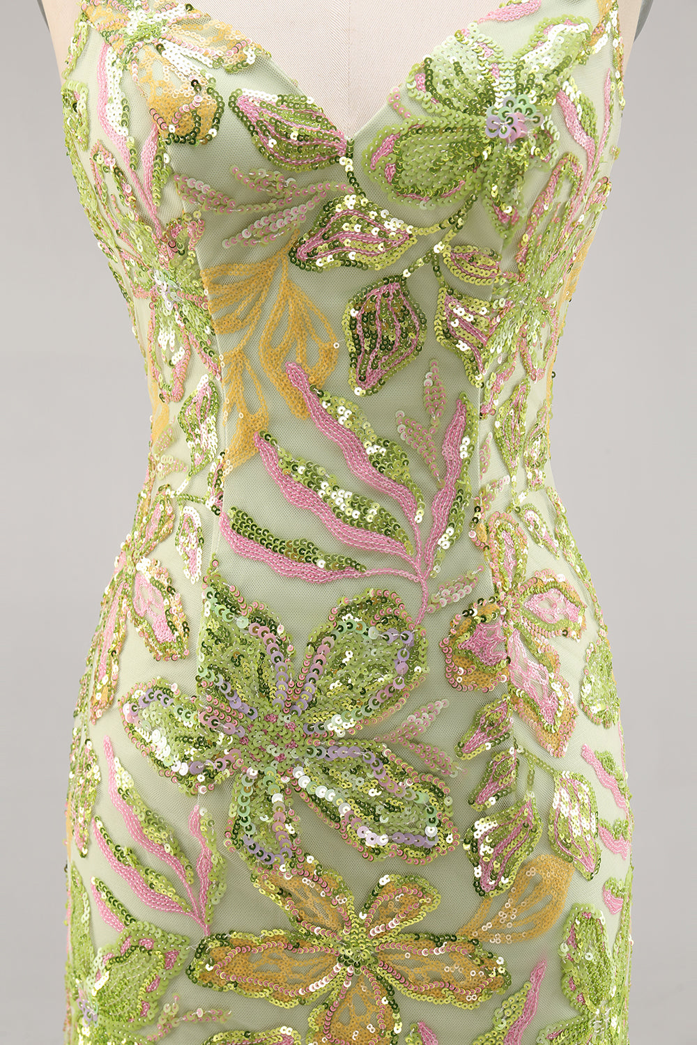 Sparkly Green Spaghetti Straps Short Sequin Floral Tight Homecoming Dress