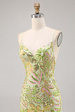 Sparkly Green Spaghetti Straps Short Sequin Floral Tight Homecoming Dress
