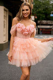 Blush Cold Shoulder Tulle A Line Short Homecoming Dress with Ruffles