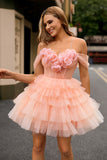 Blush Floral Cold Shoulder Tulle Tiered Short Homecoming Dress with Ruffles