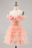Blush Cold Shoulder Tulle A Line Short Homecoming Dress with Ruffles
