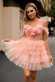 Blush Floral Cold Shoulder Tulle Tiered Short Homecoming Dress with Ruffles