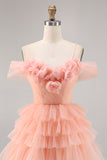 Blush Cold Shoulder Tulle A Line Short Homecoming Dress with Ruffles