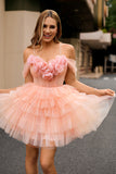 Blush Floral Cold Shoulder Tulle Tiered Short Homecoming Dress with Ruffles