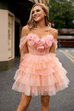 Blush Floral Cold Shoulder Tulle Tiered Short Homecoming Dress with Ruffles