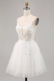 White Tulle A Line Short Homecoming Dress with Appliques