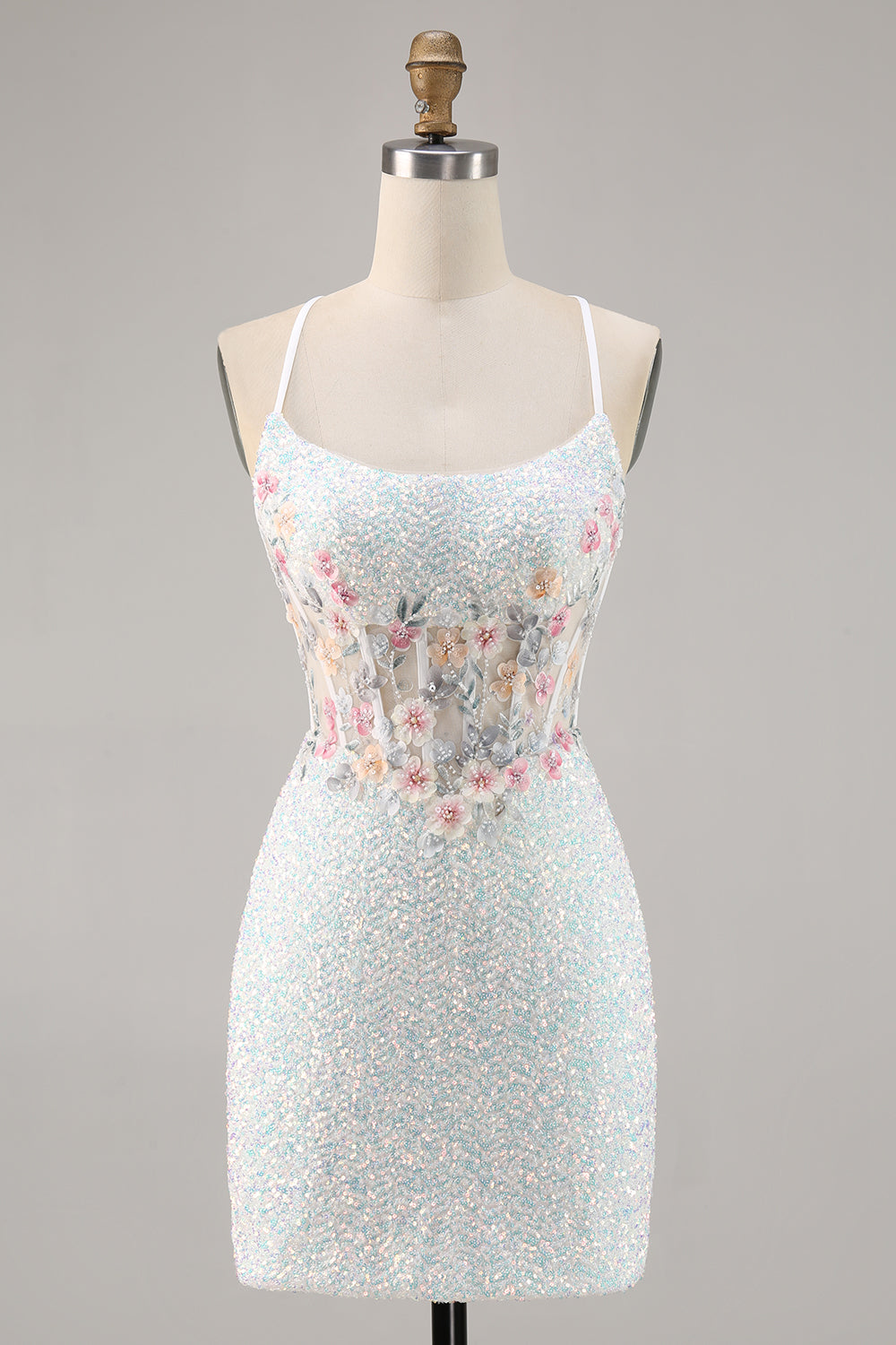 Zapakasa Women Sparky White Corset Floral Short Sequin Homecoming Dress Tight Spaghetti Straps Cocktail Dress