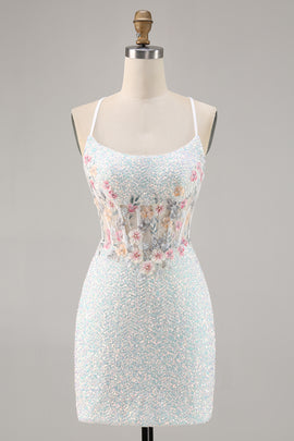 Zapakasa Women Sparky White Corset Floral Short Sequin Homecoming Dress Tight Spaghetti Straps Cocktail Dress