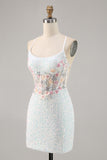 Sparky White Corset Floral Tight Short Homecoming Dress
