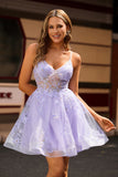 Sparkly Purple A Line Short Floral Homecoming Dress with Lace