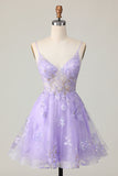 Sparkly Purple Floral A Line Short Homecoming Dress with Appliques