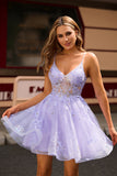 Sparkly Purple Floral A Line Short Homecoming Dress with Appliques