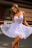 Sparkly Purple Floral A Line Short Homecoming Dress with Appliques
