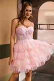 Pink Tulle Spaghetti Straps Corset Short Homecoming Dress with Ruffles