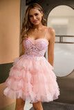 Sparkly Pink Corset Tulle A Line Short Homecoming Dress with Ruffles