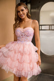 Sparkly Pink Corset Tulle A Line Short Homecoming Dress with Ruffles