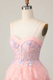 Pink Tulle Spaghetti Straps Corset Short Homecoming Dress with Ruffles