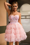Sparkly Pink Corset Tulle A Line Short Homecoming Dress with Ruffles