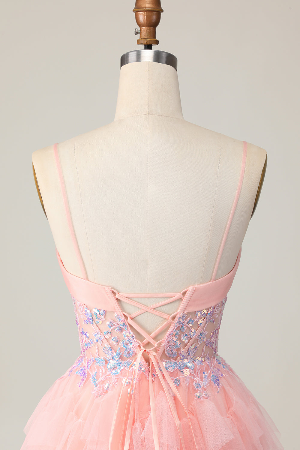 Pink Tulle Spaghetti Straps Corset Short Homecoming Dress with Ruffles