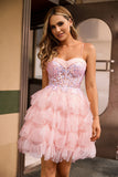 Sparkly Pink Corset Tulle A Line Short Homecoming Dress with Ruffles