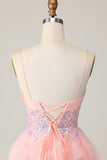 Pink Tulle Spaghetti Straps Corset Short Homecoming Dress with Ruffles